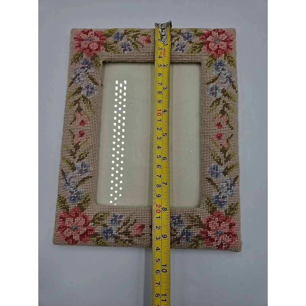 1991 Vintage Needlepoint‎ Embroidered Floral Wool Picture Frame Cottagecore